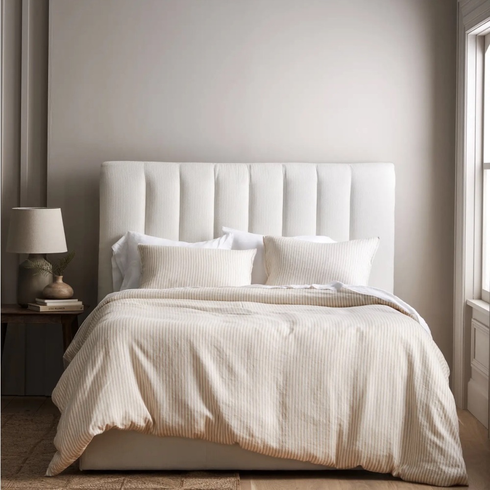 QUINCE European Linen Duvet Cover Set King Cal King Natural/White Stripe